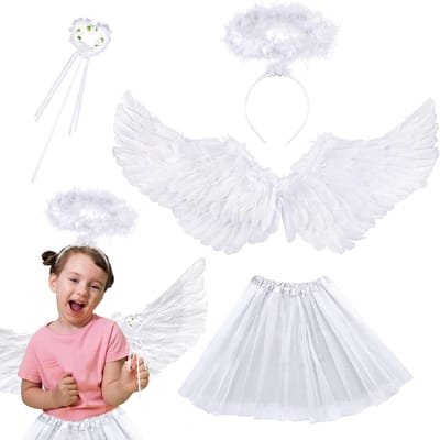 Witte Engel Kostuum voor Kinderen met Tutu Rok, Veer Vleugels, Halo en Toverstok voor Carnaval en Cosplay