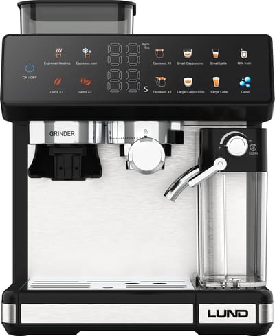 LUND 68501 Premium Pistonmachine met Ingebouwde Bonenmaler – Espressomachine met Automatische Melkopschuimer – 20 Bar – 11 Programma's – Kleuren Touchscreen – RVS