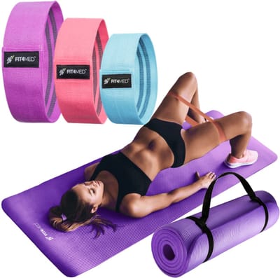 FIT4MED - Weerstandsbanden Set - Fuchsia/Violet/Blauw - Inclusief Mat