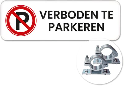 Verboden te parkeren bord - Weerbestendig Aluminium - 40x15 cm - Bevestiging: Met paalbeugels Ø48mm