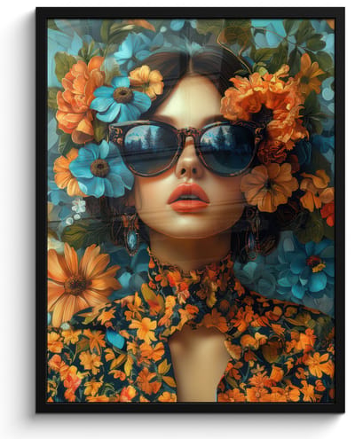 Poster in lijst - Fotolijst 50x70 cm - Posters - Vrouw - Bloemen - Oranje - Blauw - Modern - Posterlijst zwart - Decoratie - Wanddecoratie woonkamer - Muurdecoratie slaapkamer