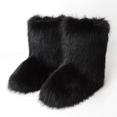 Dames Faux Fur Laarzen Winter Pluizige Pluche Warme Middenkuit Sneeuwlaarzen Luxe Mode Furry Laarzen Comfortabele Outdoor Platte Schoenen 39 zwart