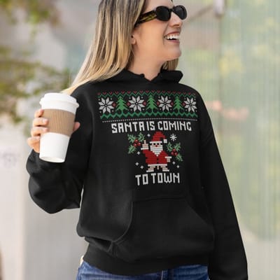 Lekker Waus Foute Kerst Hoodie Zwart - Santa Is Coming To Town - Maat XS - Kerst Outfit Dames & Heren