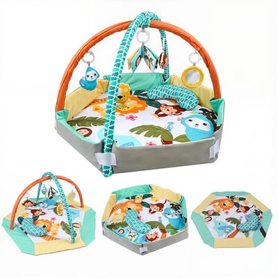 Hexagon Babygym Speelmat met Ballenbak, Sensorisch Speelgoed, Kussen – Bosdieren Thema, Krabbelmat, Leer- en Speelmat voor Baby's, Opvouwbaar, Groen