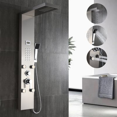 Auralum Max Douchepaneel met Massage - Regendouche - 4 in 1 Douchekolom - LCD Display - Spa jets Massage - Doucheset - RVS - Douche Combinatie Set - Opbouw - Zilver