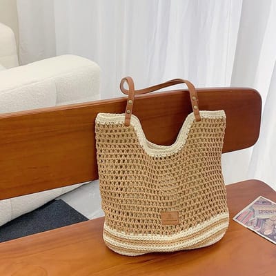 Casual Grote Capaciteit Schoudertas van Gevlochten Katoendraad Nieuwe Holle Mesh Tote Bag Strandvakantie Strandtas Damestas brown