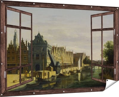 Gards Tuinposter Doorkijk De Waag en de Kraan aan het Spaarne te Haarlem - Gerrit Adriaensz Berckheyde - 180x120 cm - Tuindoek - Tuindecoratie - Wanddecoratie buiten - Tuinschilderij