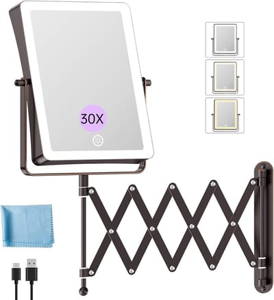 Famihomii Oplaadbare make-upspiegel met ledverlichting, 20 cm, aan beide zijden bruikbaar, 1X/30x vergroting, cosmeticaspiegel, wandmontage, 3 kleurtemperaturen, dimbaar, 360° draaibaar (brons)