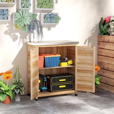 OKWISH Tuinkast – Met Werkblad En Binnenplank – 79x43x92 Cm – Opbergruimte Voor Tuin En Balkon – Houtkleur – Hout