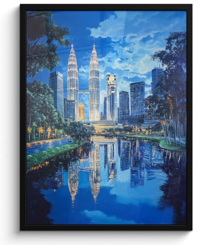 Poster in lijst - Fotolijst 50x70 cm - Posters - Stad Kuala Lumpur - Skyline - Wolkenkrabbers - Water - Posterlijst zwart - Decoratie - Wanddecoratie woonkamer - Muurdecoratie slaapkamer