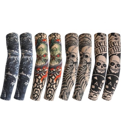 Zwart beige tattoo mouwen armmouwen set voor heren en dames – 8 stuks elastische tattoo sleeves met realistische tattoo print, schedel, skelet en abstracte patronen – naadloze arm sleeves