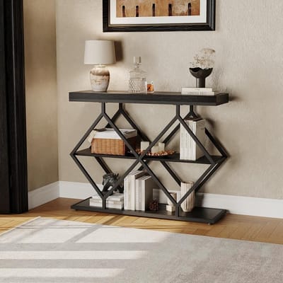 Consoletafel, halmeubel, smalle consoletafel met 3 open opbergniveaus voor hal, gang en achter de bank, zwart