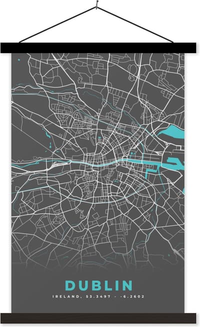 Posterhanger incl. Poster 40x60 cm - Schoolplaat - Dublin - Stadskaart - Plattegrond - Kaart - Blauw - Textielposter - Zwarte latten - Stadskaart