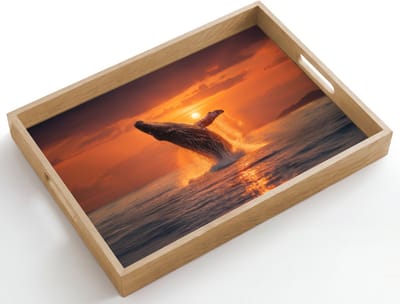 Dienblad hout 50x35 cm - Schootdienblad - Walvis - Zon - Zee - Borrelplank rechthoek - Plateau dienbladen