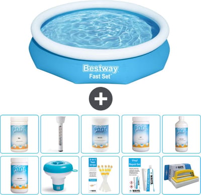 Bestway Rond Opblaasbaar Fast Set Zwembad - 305 x 66 cm - Blauw - Inclusief Chloor - Chloordrijver - Testrips - Reparatiesetje - Scrubborstel - PH-min - PH-plus - Thermometer - Anti Alg - 11-delig