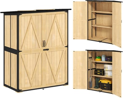 Outsunny-Gartenschrank-Tannenholz, Stahl-140L x 74B x 173H cm-Naturholz