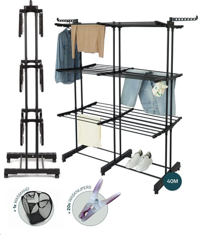 BAUER & MEYER® - Droogtoren met wieltjes XL - 40 Meter drooglengte - Incl. 20 wasknijpers + 1x wasmand - Wastoren inklapbaar - 170 x 134 x 65 cm - Zwart