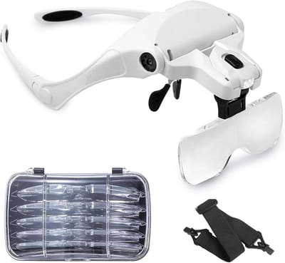 Hoofdband Loepbril met LED Licht - 5 Verwisselbare Lenzen 1.0x 1.5x 2.0x 2.5x 3.5x - Handsfree Vergrootbril - Loep voor Sieraden, Horlogemaker & Hobby - Herbruikbare Vergrootglas Bril - Wit