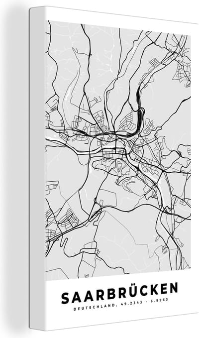 Canvas Schilderij Stadskaart - Kaart - Duitsland - Plattegrond - Saarbrücken - 20x30 cm - Wanddecoratie