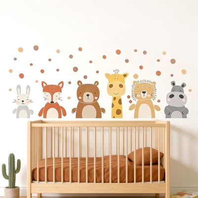Muurstickers met Bosdieren voor Kinderen, Jungle Dieren zoals Giraffe, Scandinavisch Design voor Baby- en Kinderkamers, Speelruimtes en Slaapkamers