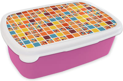 Broodtrommel Roze - Lunchbox - Brooddoos - Patronen - Seventies - Stad - 18x12x6 cm - Kinderen - Meisje