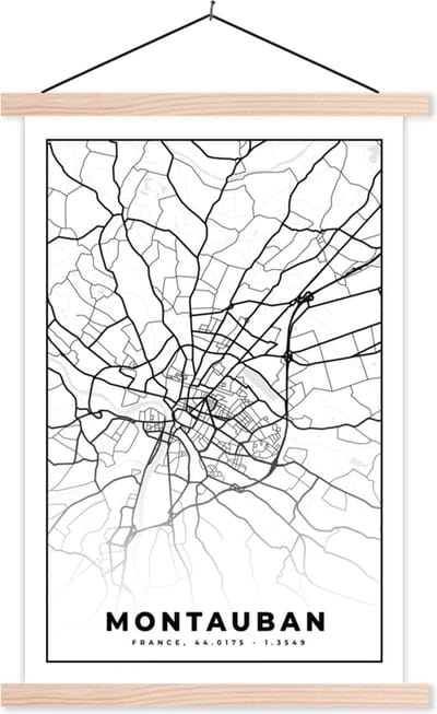 Posterhanger incl. Poster 40x60 cm - Schoolplaat - Frankrijk - Kaart - Montauban - Plattegrond - Stadskaart - Zwart wit - Textielposter - Blanke latten - Stadskaart