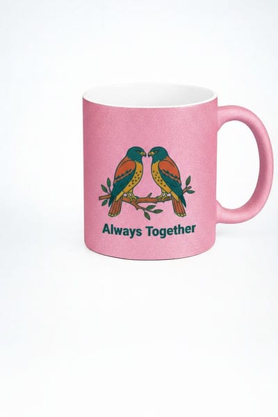 Glitter Roze Mok met Liefdesvogels | 'Always Together' Cadeau Beker