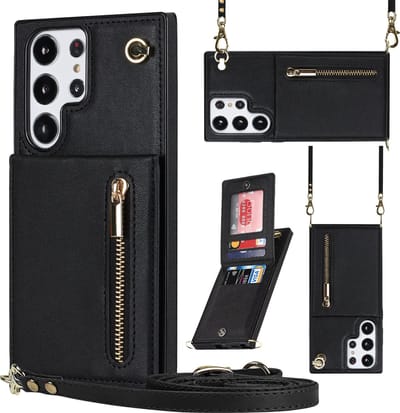 Stravo Samsung Galaxy S23 Ultra Portemonnee Hoesje met Rits, Kaarthouder en Crossbody Lanyard Tas [Afneembare Schouderriem] met Kickstand - Zwart