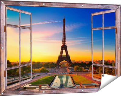 Gards Tuinposter Doorkijk Parijs Eiffeltoren tijdens de Zonsopkomst - 120x80 cm - Tuindoek - Tuindecoratie - Wanddecoratie buiten - Tuinschilderij