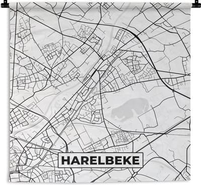 Wandkleed - Wanddoek - Stadskaart – Zwart Wit - Kaart – Harelbeke – België – Plattegrond - 180x180 cm - Wandtapijt