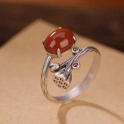 Zuidelijke Rode Toermalijn Lotus Zaaddoos   Ringen voor Vrouwen Vintage Chinese Stijl Eenvoudige Ring Elegante Klassieke Sieraden resizable brown