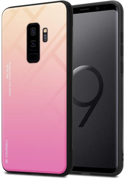 Cadorabo Hoesje geschikt voor Samsung Galaxy S9 PLUS in GEEL - ROZE - Tweekleurige beschermhoes van TPU-silicone Case Cover en achterzijde van gehard glas