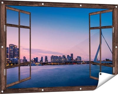 Gards Tuinposter Doorkijk Erasmusbrug in Rotterdam met Zonsondergang - 120x80 cm - Tuindoek - Tuindecoratie - Wanddecoratie buiten - Tuinschilderij