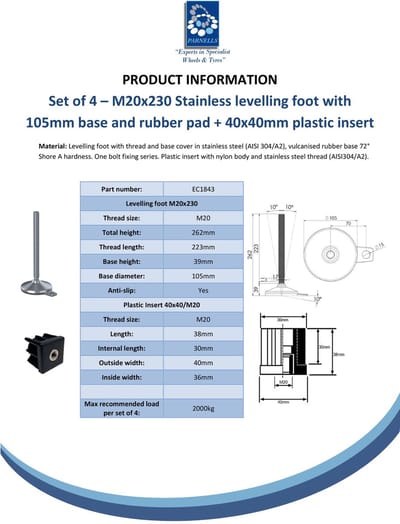 Roestvrijstalen voet M20x230, voetplaat 105 mm, onderlegplaatje en bevestigingsgat + inzetstuk 40x40x2 mm – Set van 4