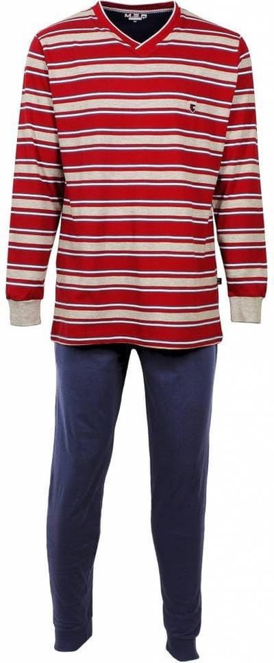 MEQ Heren Pyjama - V- Hals - Gestreept - Lange mouwen - Rood - Maat XXL