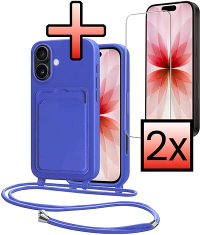 Hoes Geschikt voor iPhone 17 Hoesje Pasjeshouder Cover Met Koord Case Siliconen Hoes Met Telefoonkoord en Kaarthouder Met 2x Screenprotector - Felblauw