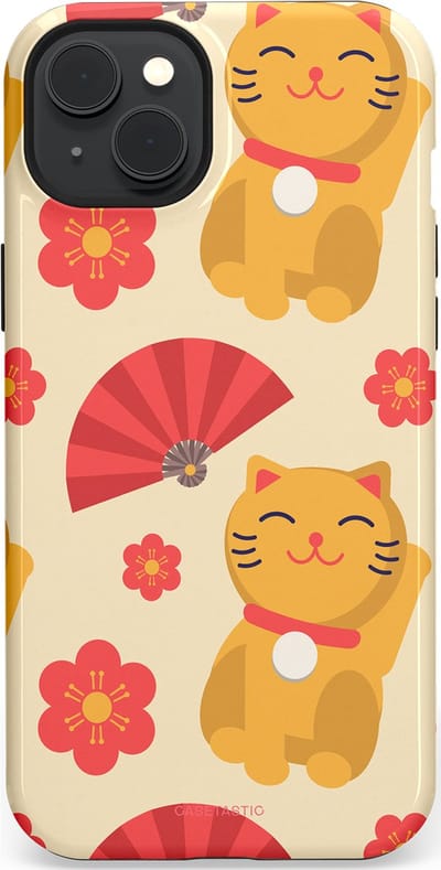 Casetastic hoesje geschikt voor Apple iPhone 15 Plus - MagSafe - Dubbellaagse bescherming - Japanse Poezenvreugde - Lucky Cats - Fashion Case - Crème Koraal Goud