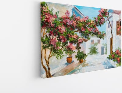 Saammp Canvas Schilderij - Mediterrane Bloesemtuin - Natuur - Abstract - 45x30 - Foto op canvas - Wanddecoratie - Muurdecoratie Woonkamer - Kantoor Decoratie