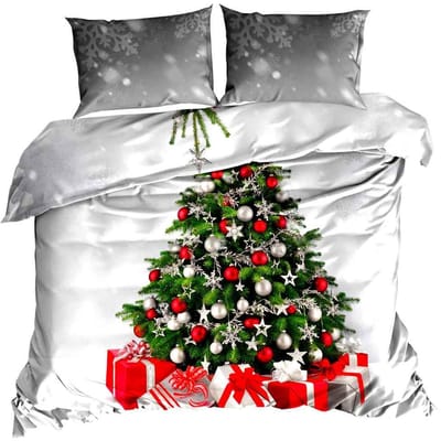 Sfeervol Kerst 3D Dekbedovertrekset - Katoen Satijn - 160x200 cm - Inclusief 2 Kussenslopen 70x80 cm - Design: "Choinka" Traditionele Kerstboom - Feestdagen & Winter - Groen/Rood