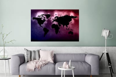 Aluminium schilderij 120x80 cm - Wanddecoratie metaal - Wereldkaart - Zwart - Roze - Metalen muurdecoratie woonkamer - Decoratie industrieel - Foto op dibond - Industriële accessoires slaapkamer