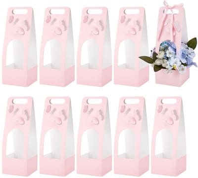 Dailygoods- Cadeauzakjes 10 Stuks - Papieren Zakjes met Venster - Bloemen Design - Bruiloft/Verjaardag - 12 x 12 x 34,5 cm - Zachtroze Kleur - Boeketdozen