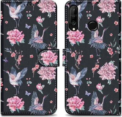 Cadorabo Hoesje geschikt voor Huawei P30 LITE - Design Kraan & Bloemen No. 9 - Beschermhoes Case Cover met magnetische sluiting, standaardfunctie en kaartvakje