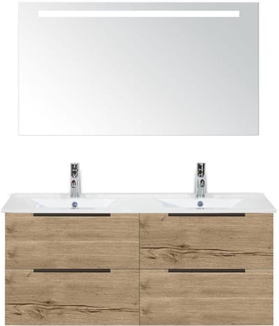 Seville Badmeubelset 120 cm - 4 Laden Natuur Eik Edge - Wastafel Enjoy Dubbel met Sence Spiegel