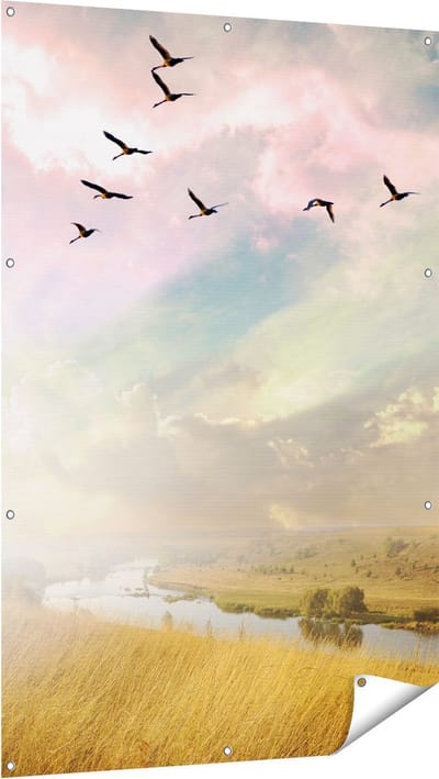Gards Tuinposter Groep Vogels Vliegen Boven het Gras - 100x150 cm - Tuindoek - Tuindecoratie - Wanddecoratie buiten - Tuinschilderij