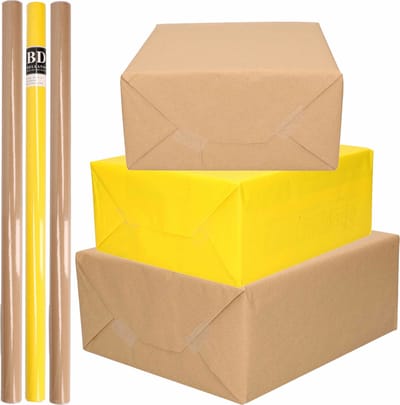 6x Rollen kraft inpakpapier/kaftpapier pakket bruin/geel 200 x 70 cm/cadeaupapier/verzendpapier/kaftpapier