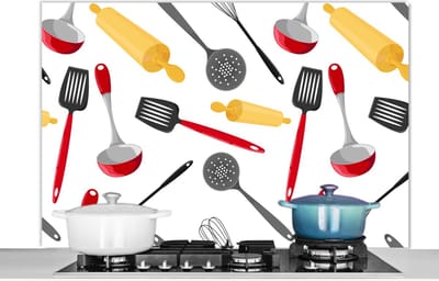 Spatscherm keuken 120x80 cm - Kookplaat achterwand Patronen - Keukengerei - Spatel - Deegroller - Muurbeschermer - Spatwand fornuis - Hoogwaardig aluminium