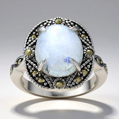 Cavill - Zilveren Ring - 925 Sterling Zilver - Regenboog Maansteen 3 86 ct Ovaal Cabochon - Marcasiet Pavé 0 24 ct - Elegante Vintage Stijl Ring