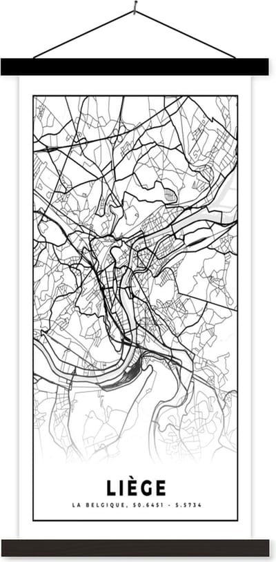 Posterhanger incl. Poster 40x80 cm - Schoolplaat - België – Luik – Stadskaart – Kaart – Zwart Wit – Plattegrond - Textielposter - Zwarte latten - Stadskaart
