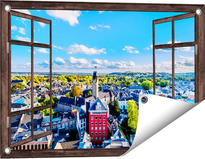 Gards Tuinposter Doorkijk Maastricht Stad met Huizen - 60x40 cm - Tuindoek - Tuindecoratie - Wanddecoratie buiten - Tuinschilderij