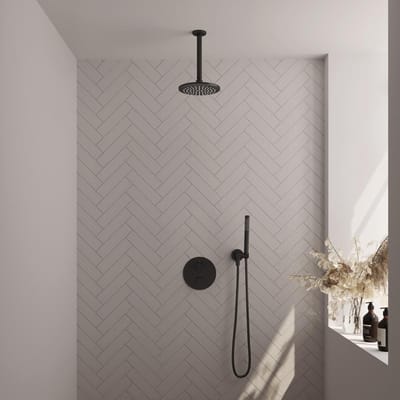 Brauer Black Edition thermostatische inbouw regendouche 3-weg rond SET 77 met 20 cm douchekop en plafondarm en staaf handdouche en doucheslang en wandaansluitbocht mat zwart